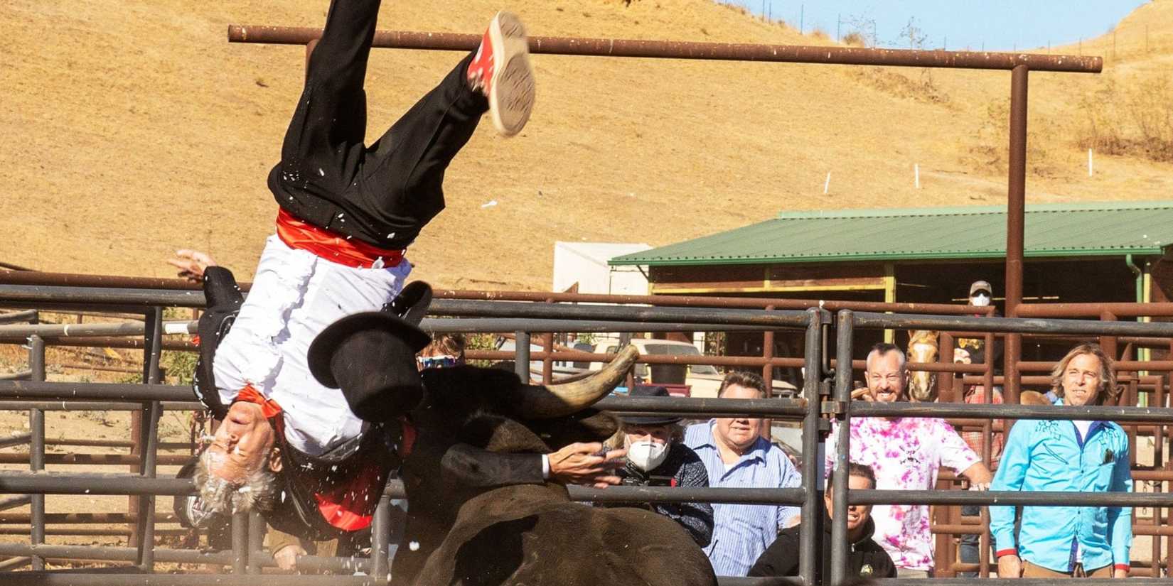 A bull running over a man in Jackass Forever 