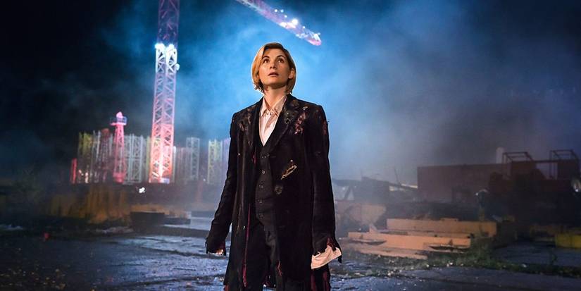 Jodie Whittaker as the 13th Doctor stands alone in the episode The Woman Who Fell to Earth from Doctor Who.