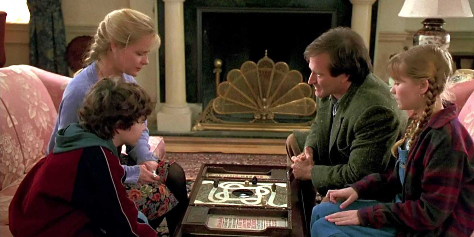 The players sit around the game Jumanji trepidiously, gathering up the courage to play in 'Jumanji'