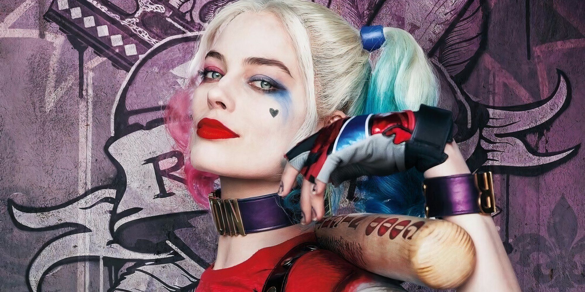 Margot Robbie as Harley Quinn holding her bat in a poster for 2016's Suicide Squad