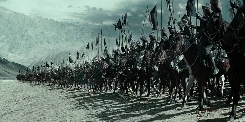 Mongolian cavalry line up en masse in the mountains, prepared to charge