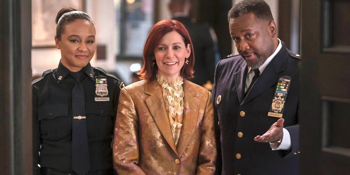 Officer Blanke (Carra Patterson), Elsbeth Tascioni (Carrie Preston), and Captain Wagner (Wendell Pierce) look into Elsbeth's new office in 'Elsbeth'