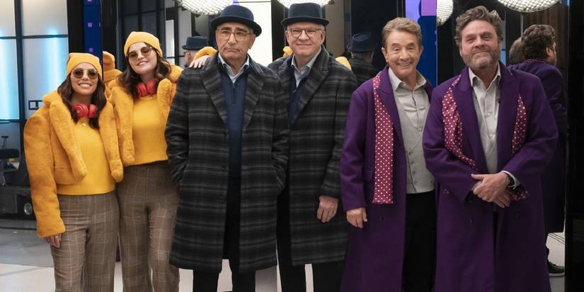 Only Murders in the Building Image featuring Eugene Levy, Zach Galifianakis, Eva Longoria, Steve Martin, Martin Short, and Selena Gomez.