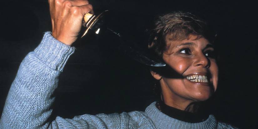 Betsy Palmer holding a knife as Pamela Voorhees in 'Friday the 13th'