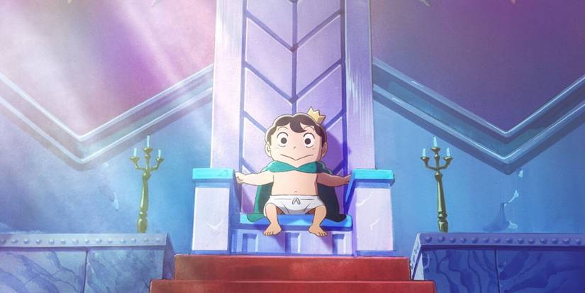 Bojji in a diaper and cape sitting on a throne in Ranking of Kings