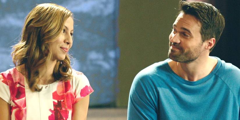 Gavin (Brett Dalton) and Kelly (Anjelah Johnson-Reyes) look at each other in The Resurrection of Gavin Stone