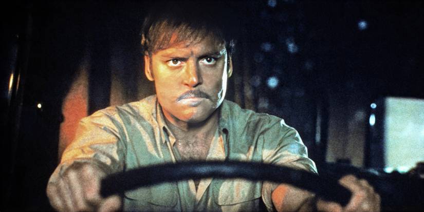 Stacy Keach angrily drives a big rig in Road Games