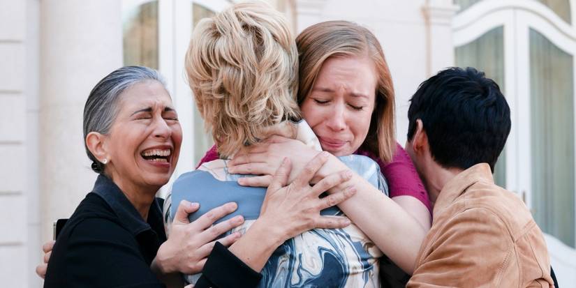 Rose Abdoo's Josefina, Mark Indelicato's Damien, Jean Smart's Deborah, and Hannah Einbinder's Ava hugging in Hacks.