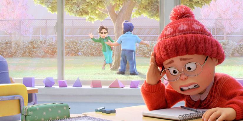 Mei (Rosalie Chiang) looking embarrassed as her mother Ming (Sandra Oh) stands outside the window at her school in Turning Red