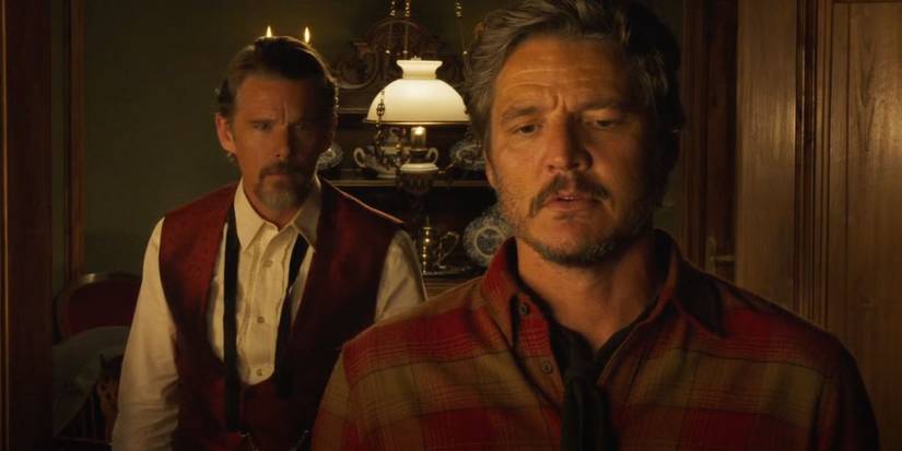 Jake (Ethan Hawke) and Silva (Pedro Pascal) reawaken their old romance in Strange Way of Life (2023).