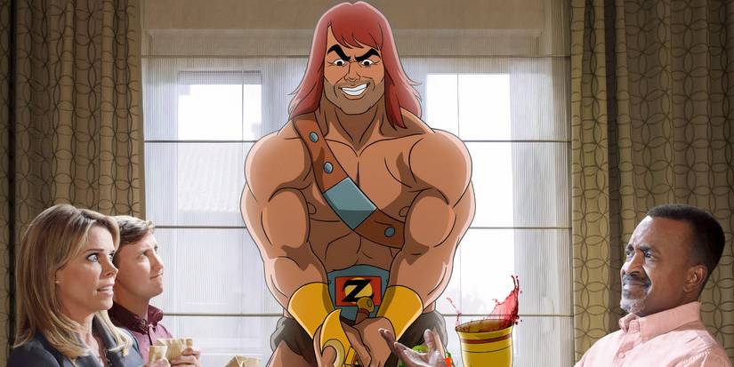 Zorn (Jason Sudeikis) standing in the center with Edie (Cheryl Hines), Craig (Tim Meadows), and Alan (Johnny Pemberton) watching him in 'Son of Zorn'