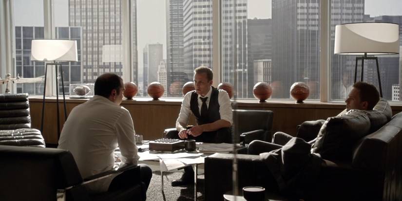 Rick Hoffman, Gabriel Macht, and Patrick J. Adams in 'Suits' Season 4, Episode 9 "Gone" (2014).
