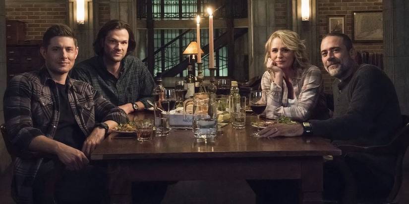 Jensen Ackles as Dean Winchester, Jared Padalecki as Sam Winchester, Samantha Smith as Mary Winchester, and Jeffrey Dean Morgan as John Winchester in a behind-the-scenes shot from the 300th episode of 'Supernatural' titled "Lebanon."