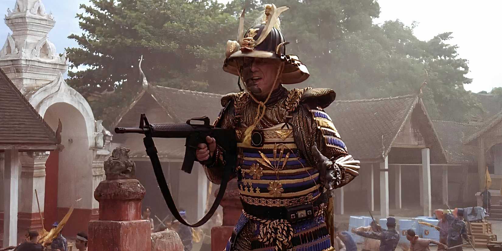 Colonel Chi, a robotic samurai wearing ancient samurai armor and using an automatic assault rifle in 'Surf Ninjas' (1993)