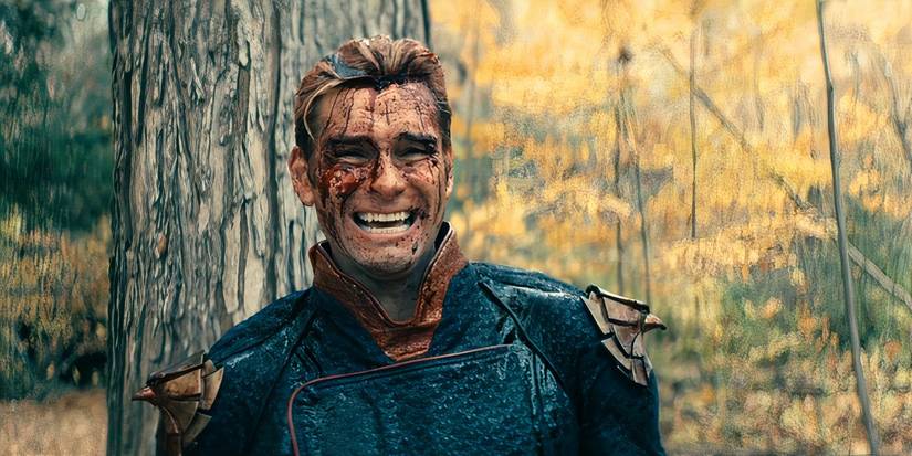 Homelander smiling while covered in blood in a forest in The Boys.