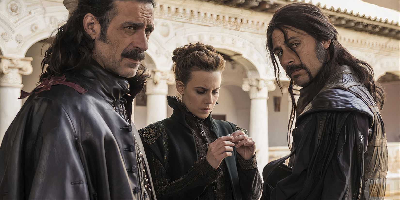 Three people standing and looking at something off camera in The Ministry of Time