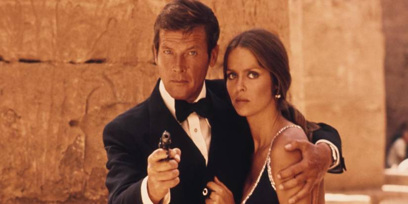 Roger Moore and Barbara Bach posing for the camera in The Spy Who Loved Me