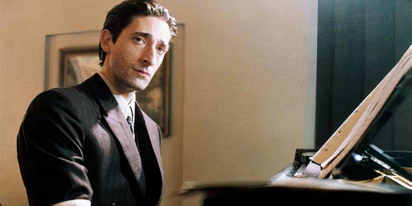 Adrien Brody as Wlasyslaw Szpilman playing the piano in The Pianist.