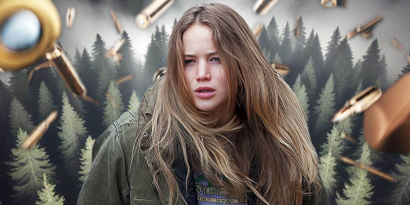Jennifer Lawrence as Ree in Winter's Bone against a mountain themed background