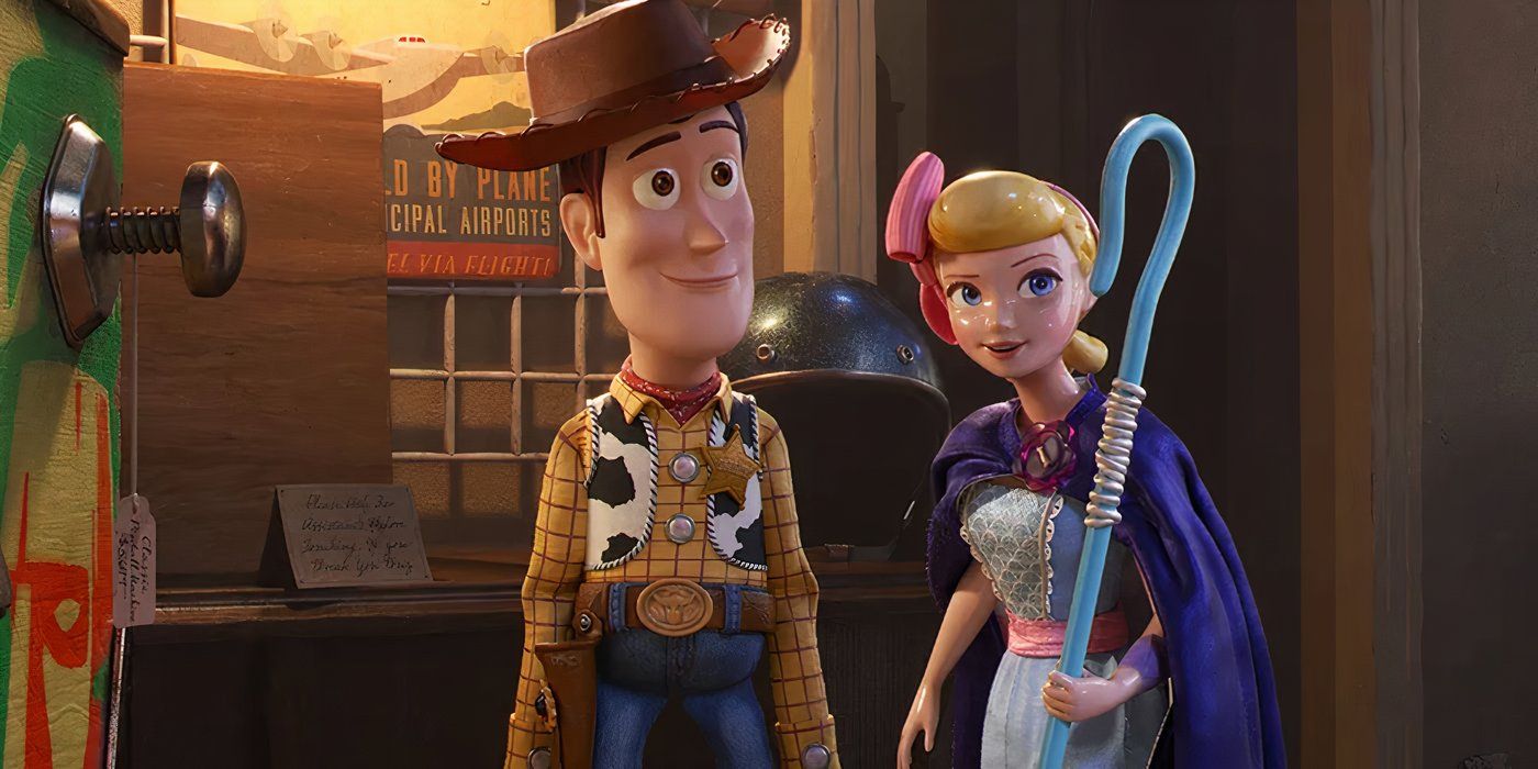 Woody, played by Tom Hanks, and Bo Peep, played by Annie Potts, standing side by side in 'Toy Story 4'