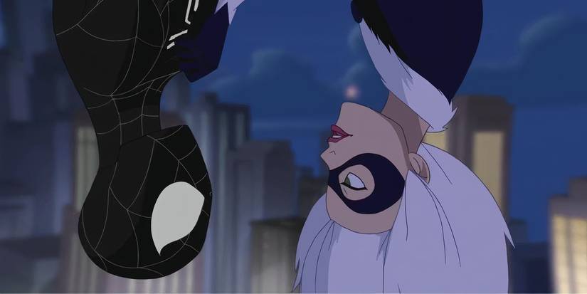 Symbiote Spider-Man and Black Cat facing each other while upside down in The Spectacular Spider-Man.