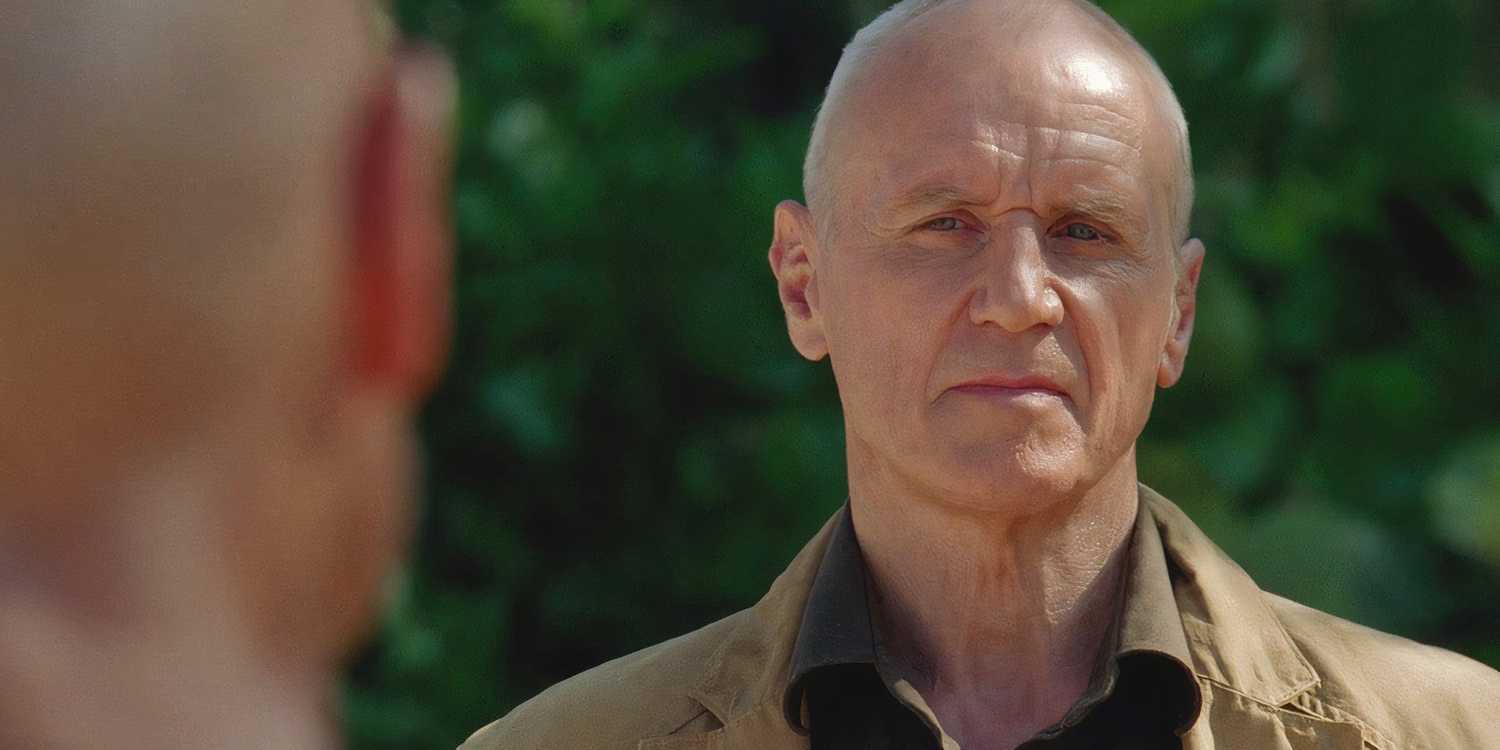Charles Widmore (played by Alan Dale), looks stoically at the Man in Black (Terry O’Quinn) on the Island in Lost’s Season 6 Episode ‘The Package.’