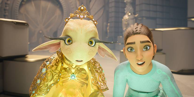 A gold glowing sheep like alien princess and a humanoid girl in a teal uniform in animated series WondLa