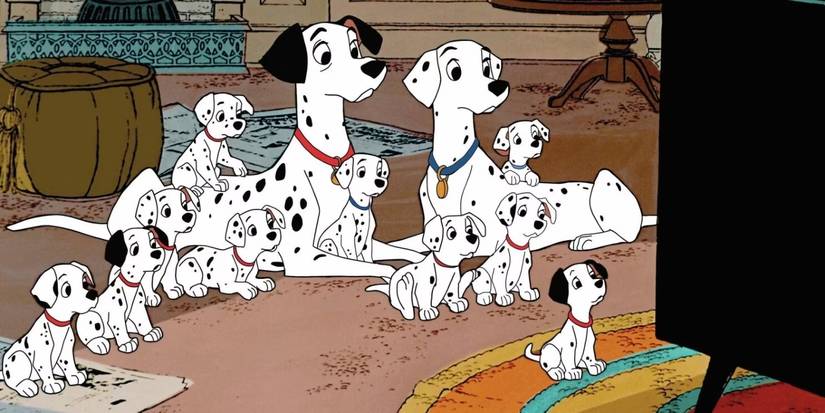 Pongo dan Perdita menonton TV bersama anak anjing mereka di 101 Dalmatians