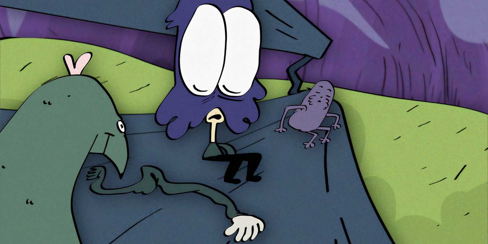 Barber staring on in horror at their arm having fallen off while sitting on a bench with a large rat and a small mole man in 'Barber Westchester' (2021)