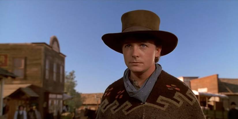 Marty McFly, played by Michael J. Fox, wears a cowboy hat in 'Back to the Future Part III'.