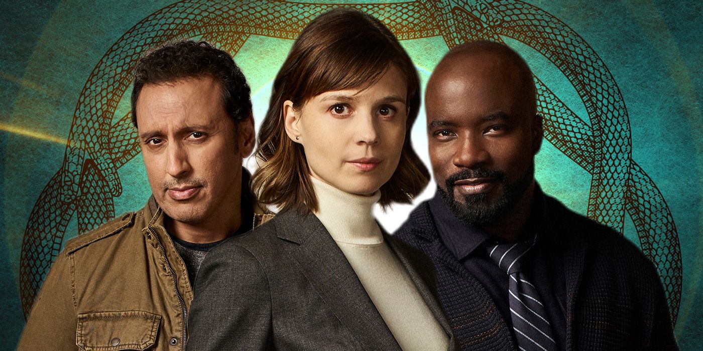 Montage of Katja Herbers, Mike Colter & Aasif Mandiv for Evil against a snake background