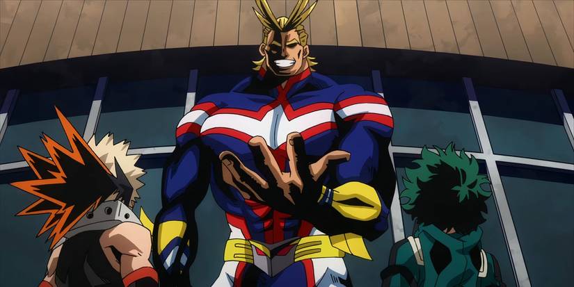 Deku and Bakugo looking up at All Might in My Hero Academia