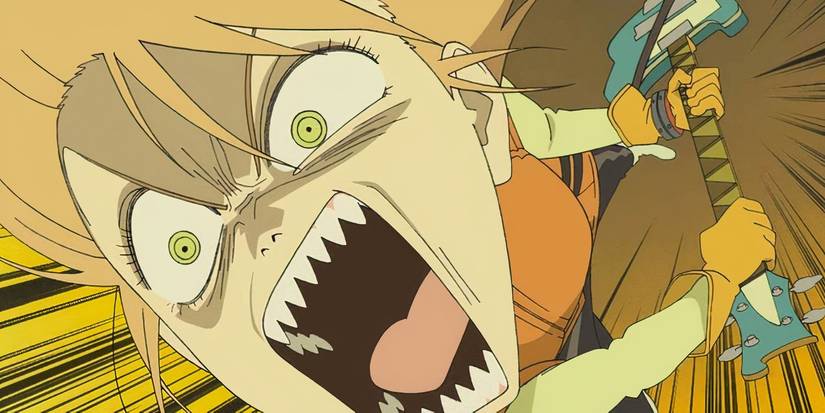 Haruko winding up guitar and screaming with angry face in FLCL.