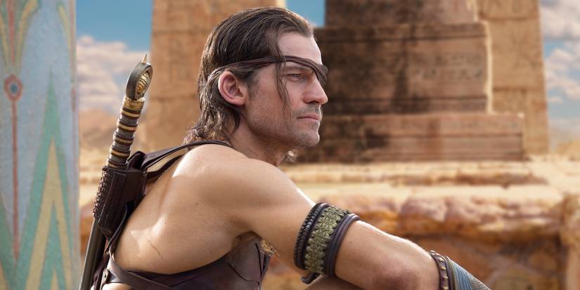 Nikolaj Coster-Waldau as Horus, the Egyptian God of Air, wearing an eyepatch and thinking  in Gods of Egypt