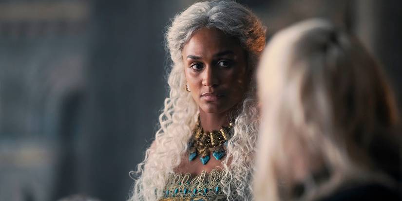 Nanna Blondell as Laena looks at someone with a serious expression in House of the Dragon Season 2 Episode 4.