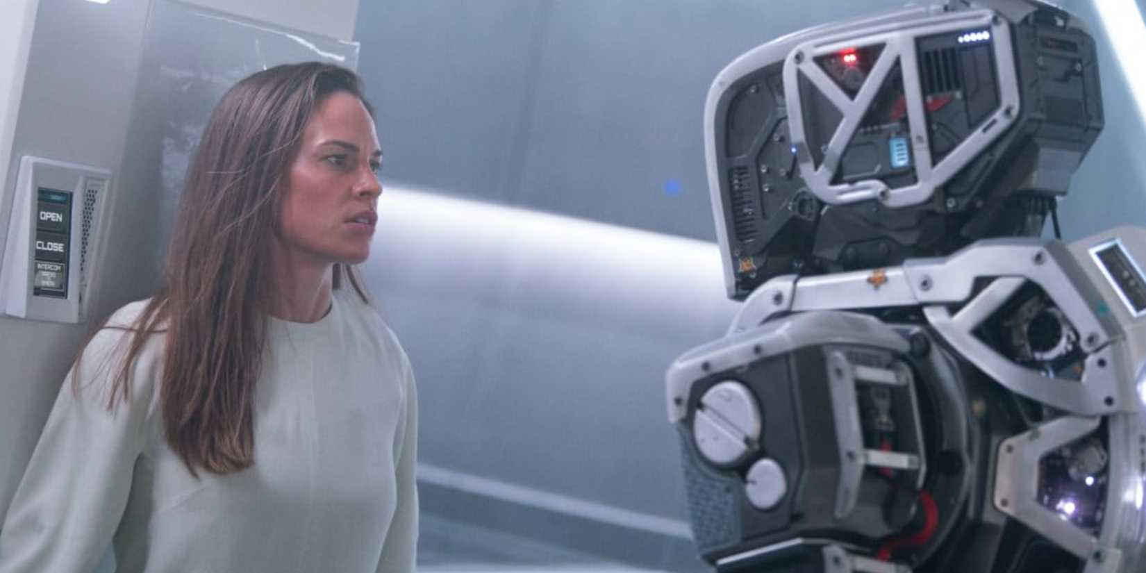 Hilary Swank confronted by a robot in 'I Am Mother' (2019)