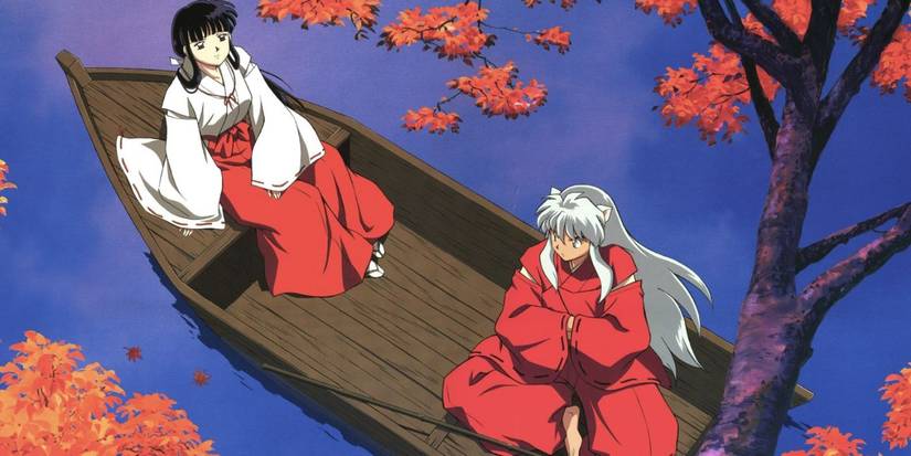 Kikyo and InuYasha sitting separately on a boat in InuYasha.