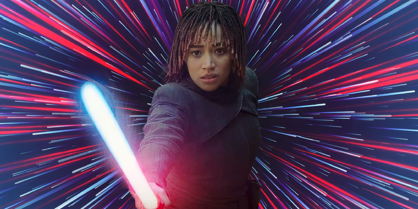A custom image of Amandla Stenberg holding a lightsaber in The Acolyte