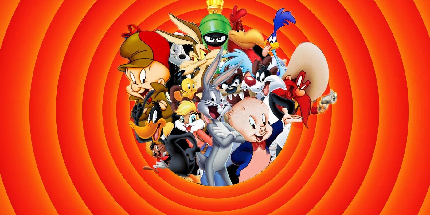 The cast of 'Looney Tunes' pop out of a circle in an orange screen
