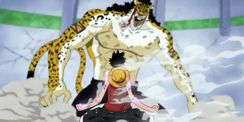 Luffy about to attack Lucci in gear second in enies lobby in One Piece.