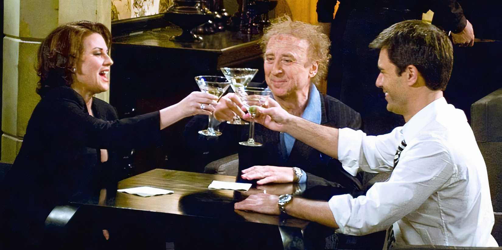 Megan Mullally, Gene Wilder and Eric McCormack sitting together and toasting with martinis in Will & Grace