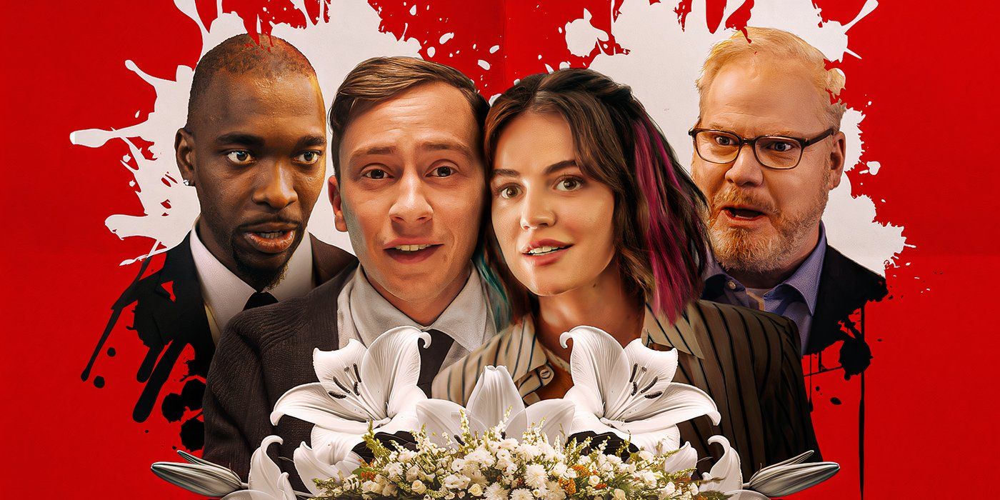 Lucy Hale Keir Gilchrist Jay Pharoah, and Jim Gaffigan over funeral flowers on the poster for Running on Empty