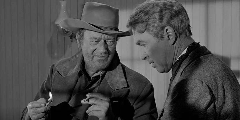 John Wayne and James Stewart have a discussion in The Man Who Shot Liberty Valance (1962).
