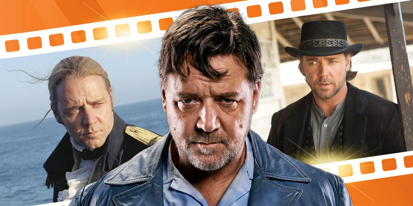 Blended imahe showing Russell Crowe in Master and Commander, The Nice Guys, and 3:10 to Yuma