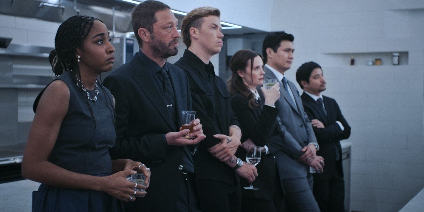 Ayo Edebiri, Ebon Moss-Bachrach, Will Poulter, and Sarah Ramos stand in Ever's kitchen