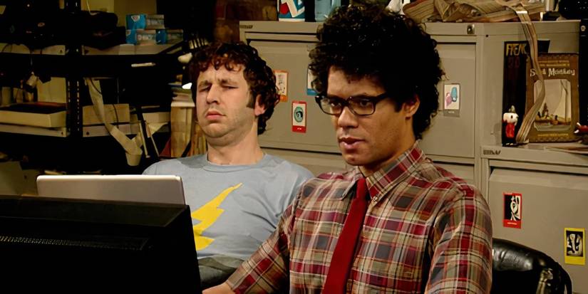 Two nerdy guys sitting behind a computer on The It Crowd