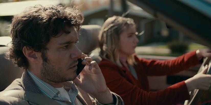 Adam Brody and Sophie Nélisse in a car in 'The Kid Detective'