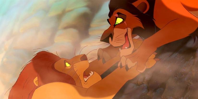 Mufasa hangs off a cliff; Scar sticks his claws on Mufasa's paws and smiles cruelly in The Lion King (1994).