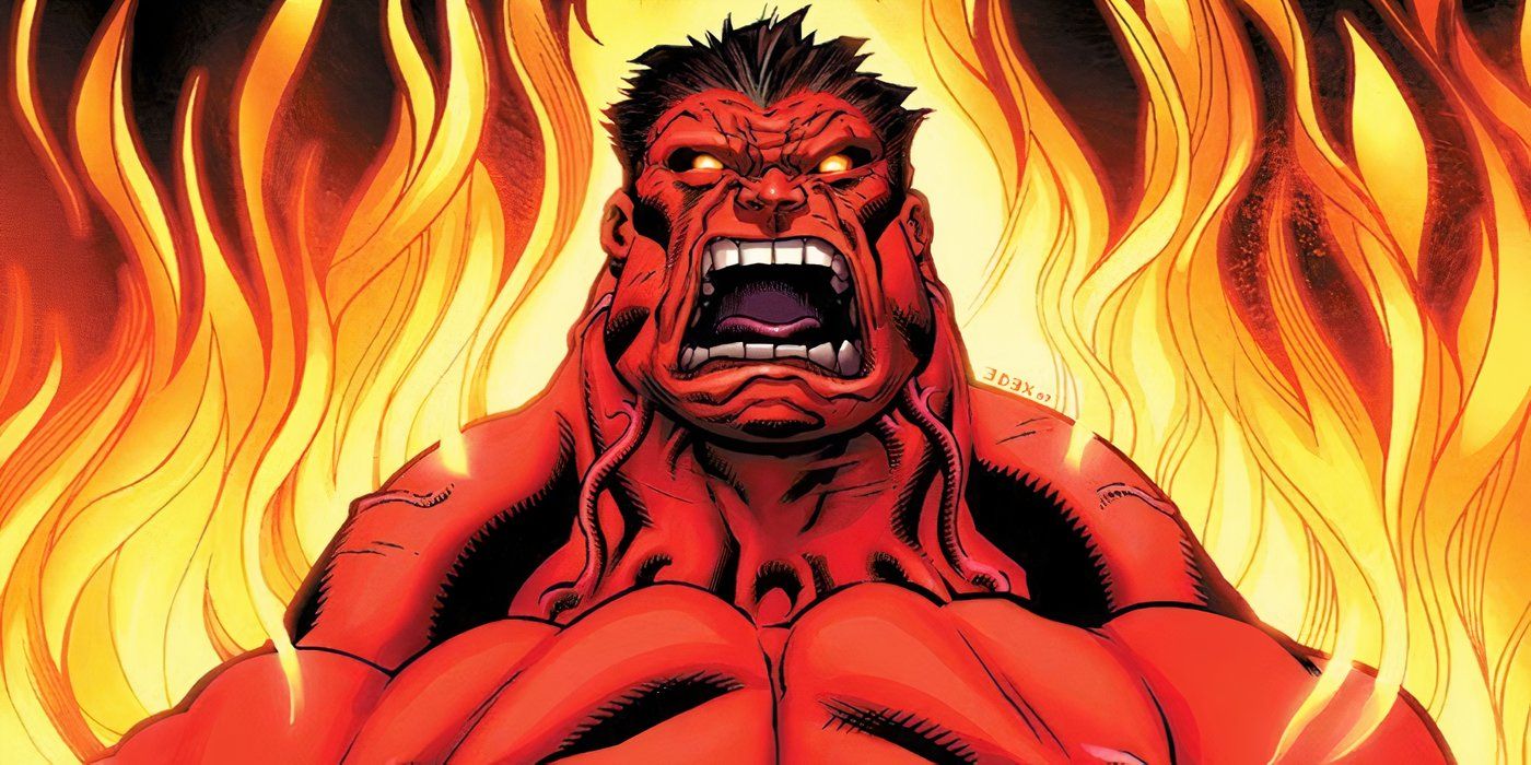 Thunderbolt Ross as the Red Hulk, screaming and engulfed in flames in a Marvel Comic