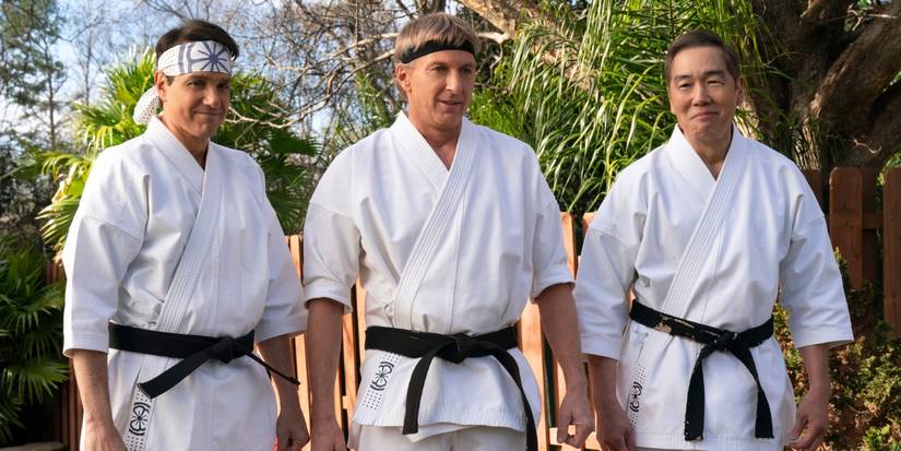 Daniel LaRusso (Ralph Macchio), Johnny Lawrence (William Zabka), and Chozen Toguchi (Yuji Okumoto) in 'Cobra Kai' Season 6.
